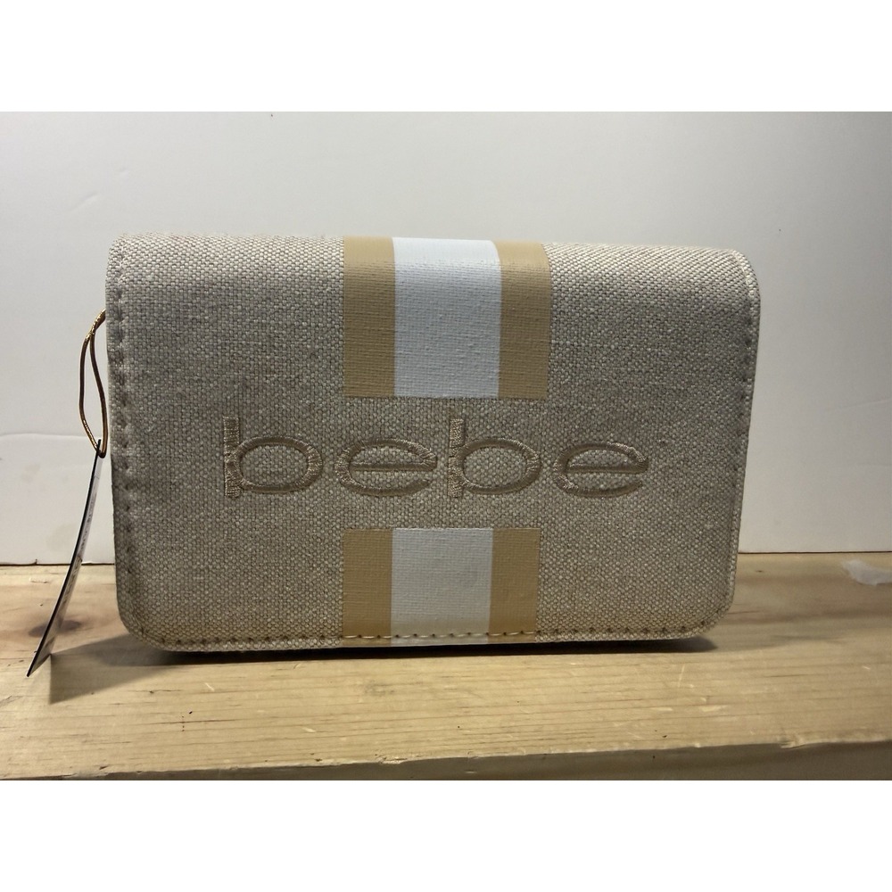 bebe Small Striped Crossbody Bag Beige White Gold Logo Chain Strap Snap NWT